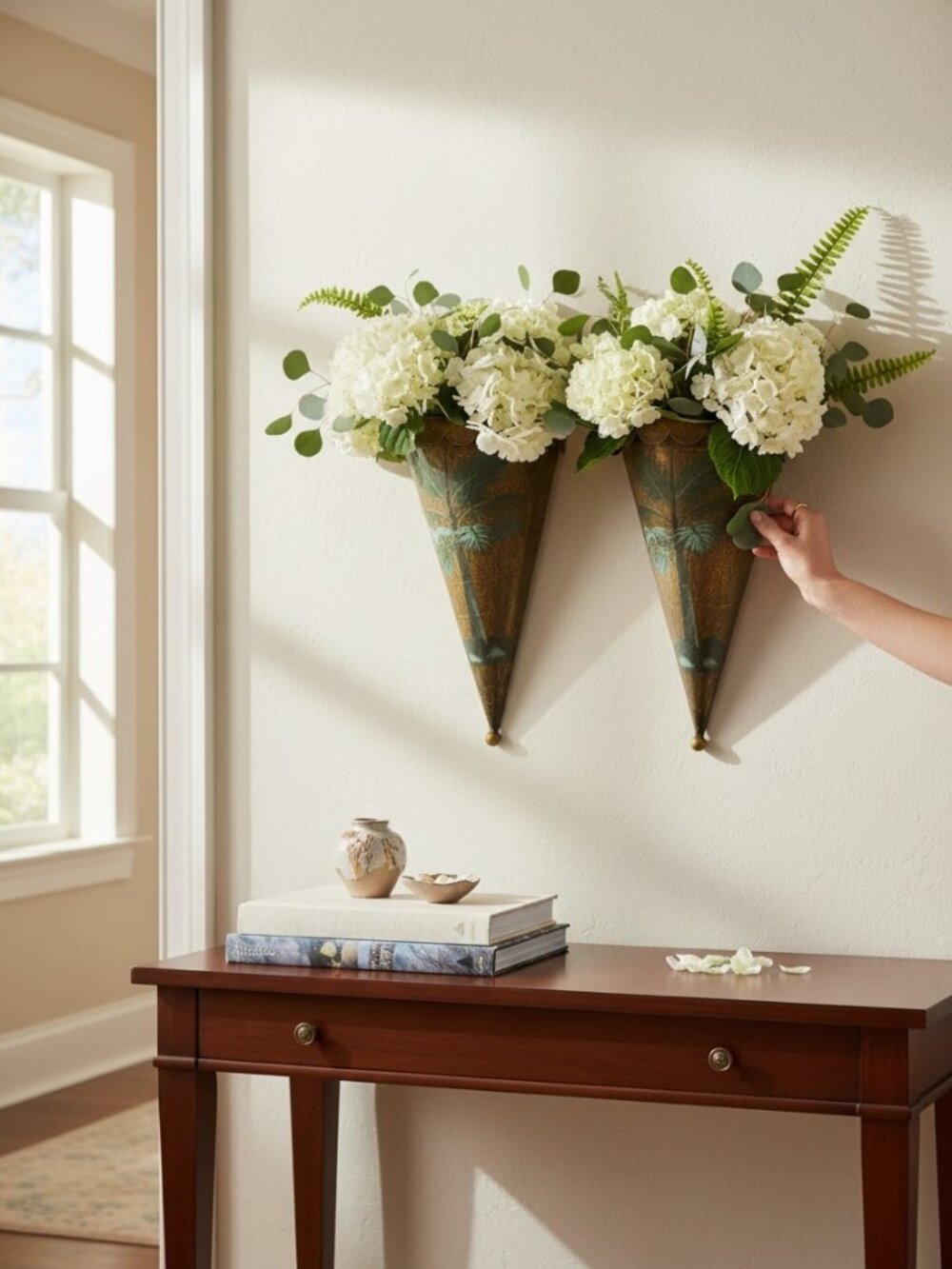 Set Of 2 Palm Tree Metal Wall Sconces Vase Holders With Scalloped Edge Design